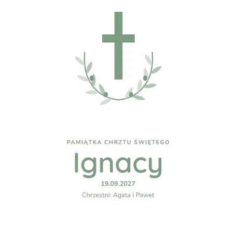Serwetka z nadrukiem — wzór „Krzyżyk z oliwką” (chrzest), przykład z imieniem i datą