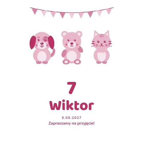 Serwetka z nadrukiem — wzór „Trójka z girlandą” (zwierzaki), przykład z imieniem i datą