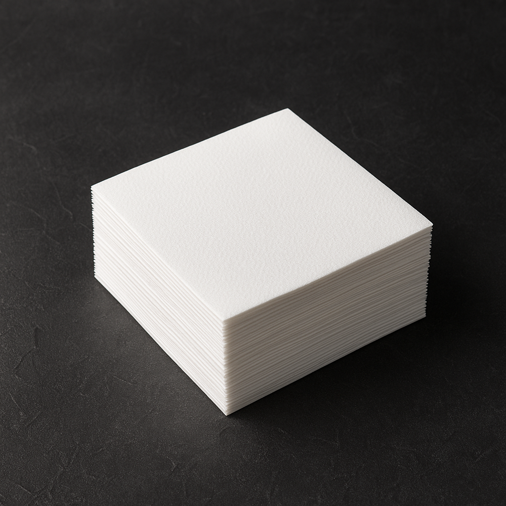 Serwetki 15x15 – białe serwetki gastronomiczne ułożone w estetyczny stos na ciemnym tle