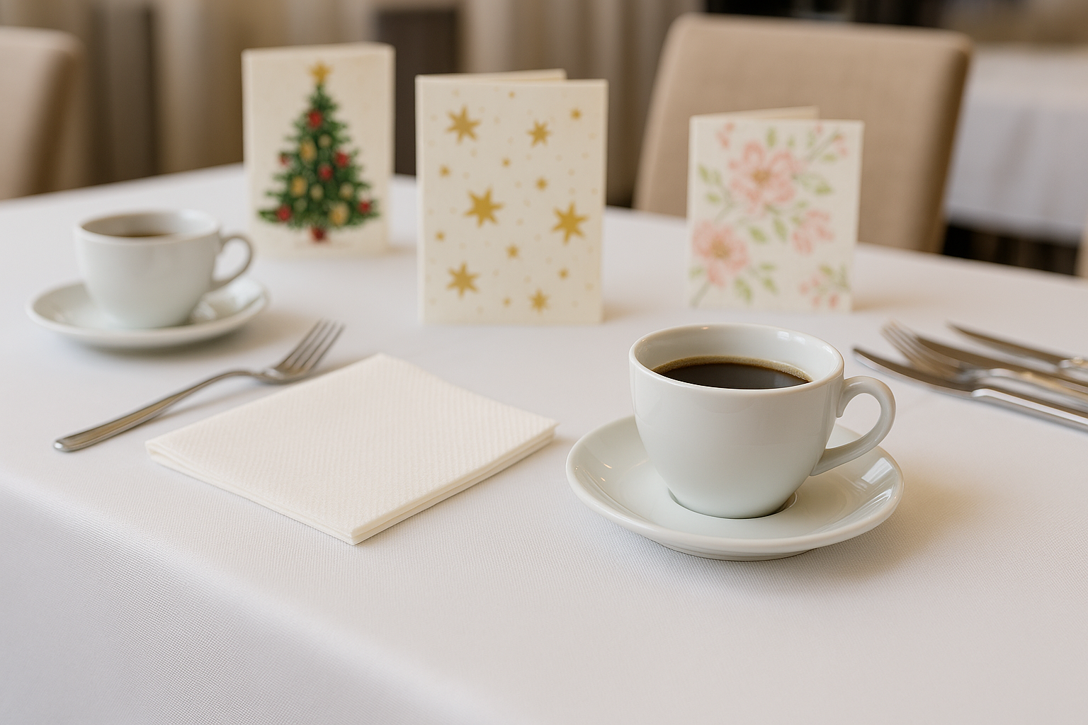 Elegancka aranżacja stołu z białym obrusem, papierowymi serwetkami na stół i serwetkami gastronomicznymi oraz dekoracyjnymi z nadrukiem